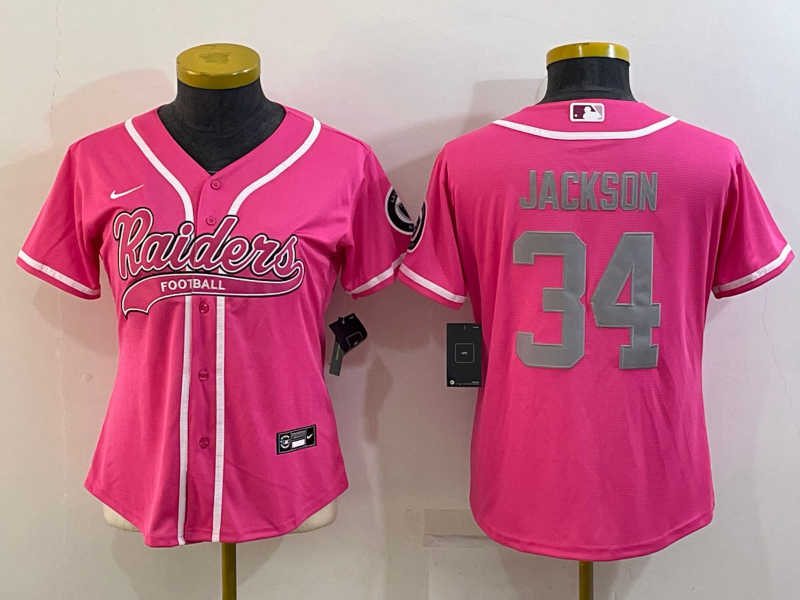 Women's Las Vegas Raiders #34 Bo Jackson Pink Silver With Patch Cool Base Stitched Baseball Jersey(Run Small)